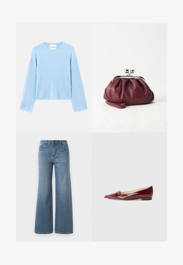 Lichtblauwe geribde trui met een ronde halslijn en lange mouwen, voorzien van een textuurpatroon en een cropped pasvorm. Merktag zichtbaar aan de binnenkant.; Lichtblauwe wijde denim jeans met hoge taille, knoop- en ritssluiting en voorzakken.; Bordeaux patent leren ballerina's met een puntige neus, voorzien van een klein uitsnijdetail en een lage hak. Glad textuur en een slank ontwerp.; Kleine bordeauxrode leren clutch-portemonnee met zilverkleurige metalen sluiting en polsbandje op een witte achtergrond.