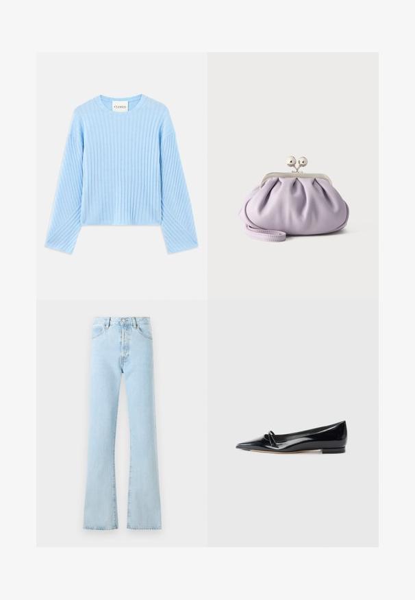 Pull en maille côtelée bleu clair avec un col rond et des manches longues, présentant un motif texturé et une coupe courte. Étiquette de marque visible à l'intérieur.; FRAME THE VERTICAL - Jean boyfriend - light blue; Chaussure plate en cuir verni noir avec un bout pointu, une petite lanière décorative et un petit talon carré. Texture lisse et design épuré.; Pochette lavande douce avec tissu froncé, fermoir kiss-lock argenté et bracelet assorti sur un fond clair uni.