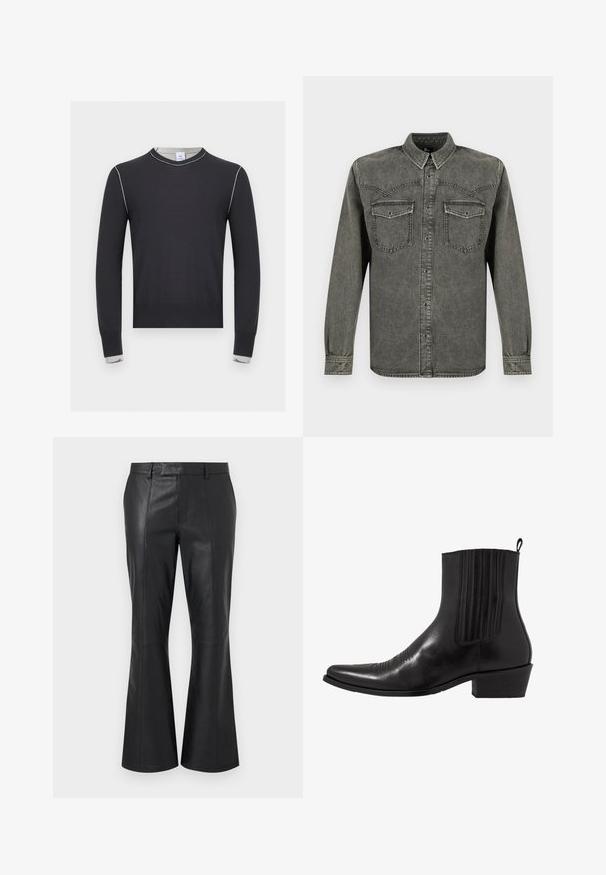 Pull noir à manches longues avec des surpiqûres blanches le long des épaules et des poignets, avec un col rond et un ourlet et des poignets côtelés.; Chemise en jean noire à manches longues, délavée, avec boutons sur le devant et poches poitrine à rabat, présentée sur un fond blanc.; Pantalon en cuir noir avec une taille mi-haute, des passants pour ceinture, des coutures avant détaillées et un léger évasement au bas des jambes.; Bottine noire en cuir avec un bout pointu, des panneaux latéraux élastiques, des accents de coutures verticales et un petit talon bloc.