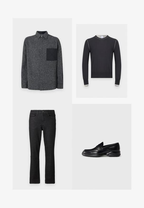 Sort langærmet sweater med hvid syning langs skuldrene og manchetterne, med rund halsudskæring og ribkant ved kant og manchetter.; Iceberg Skjorter - fantasia mix di grigi; Sorte denimjeans med lige ben, fem-lomme design og knaplukning. Klassisk stil og robust tekstur.; Sorte læder loafers med en lav, tekstureret gummisål og et syet design på overdelen. Har en rund tå og minimale udsmykninger.
