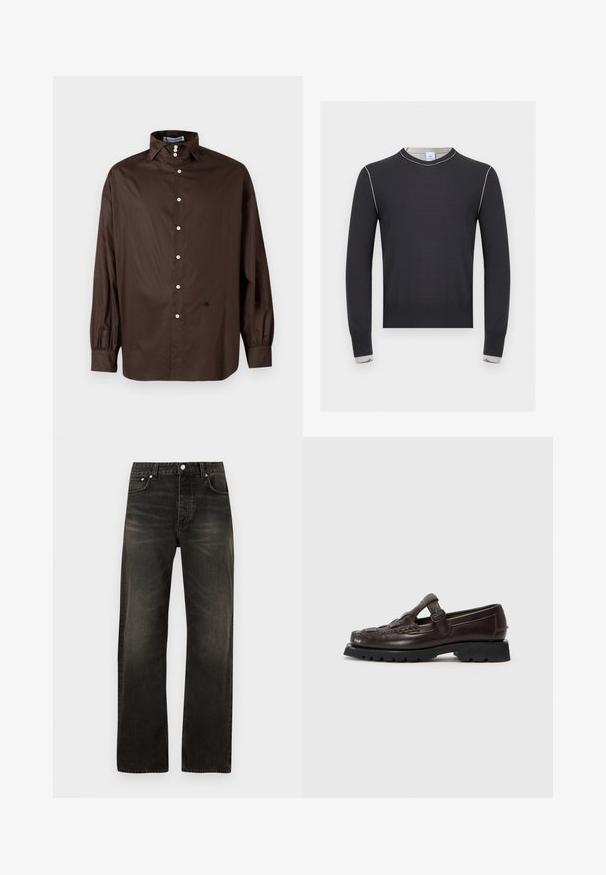 Pull noir à manches longues avec des surpiqûres blanches le long des épaules et des poignets, avec un col rond et un ourlet et des poignets côtelés.; Chemise longue à manches marron en tissu lisse avec un col classique, fermeture à boutons sur le devant et poignets élastiqués ; présente un détail logo subtil.; Jean denim noir à jambes droites avec un effet délavé, fermeture avant par bouton et fermeture éclair, et design à cinq poches.; Hereu SOLLER - Chaussons - dark brown