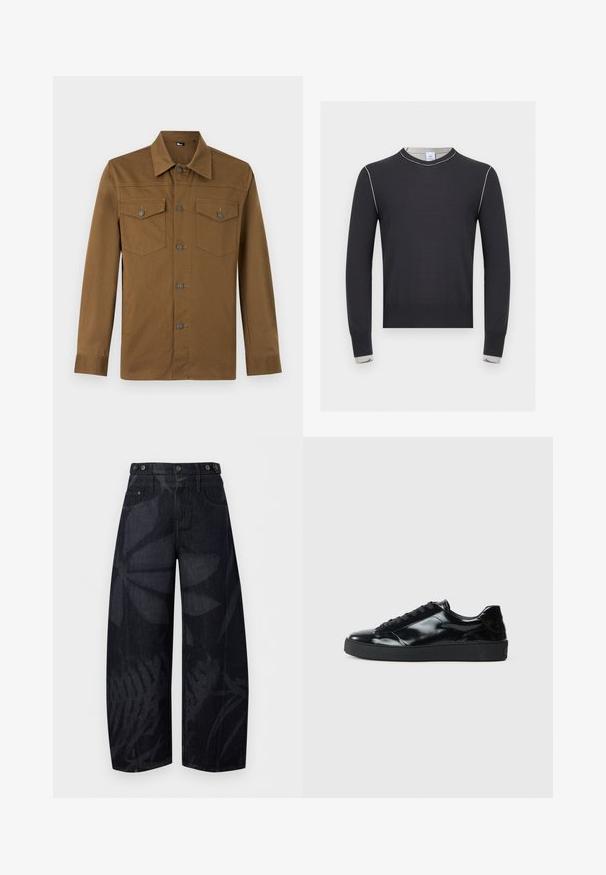 Pull noir à manches longues avec des surpiqûres blanches le long des épaules et des poignets, avec un col rond et un ourlet et des poignets côtelés.; Chemise marron à manches longues avec col pointu et deux poches poitrine boutonnées, présentée sur fond clair uni.; Pantalon en denim noir taille haute à jambes larges, avec motifs subtils de feuilles sombres et détails de boutons à la taille.; Baskets en cuir verni noir avec un bout arrondi, un laçage, une semelle en caoutchouc texturé et une finition lisse.