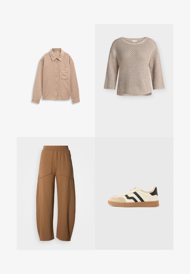 Suéter beige de punto con patrón texturizado, cuello redondo y mangas tres cuartos, exhibido sobre un fondo claro liso.; Camisa chaqueta de pana beige con cuello, cierre de cinco botones y un bolsillo en el pecho. Textura suave con acanalado vertical.; Pantalones anchos marrones hechos de tela suave; cuentan con una cintura elástica y dos bolsillos delanteros con costuras en panel para mayor textura.; Zapatillas con cordones que presentan una parte superior color crema con rayas negras y una puntera de ante, complementadas con una suela de goma marrón.