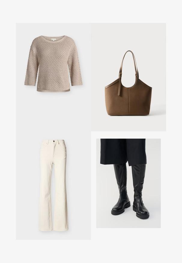 Beige strikket sweater med tekstureret mønster, rund halsudskæring og treskærmsærmer, vist på en ensfarvet lys baggrund.; Offwhite, højtaljede jeans med forreste knap, lynlås, for- og baglommer samt let udvidet benstil.; Sorte læder knæhøje støvler med en glat tekstur, kraftige såler og side-lynlåse. Designet har diskrete sømdetaljer.; Brun læder tote taske med justerbar skulderrem og guldfarvet spænde, glat tekstur, vist mod en ensfarvet hvid baggrund.