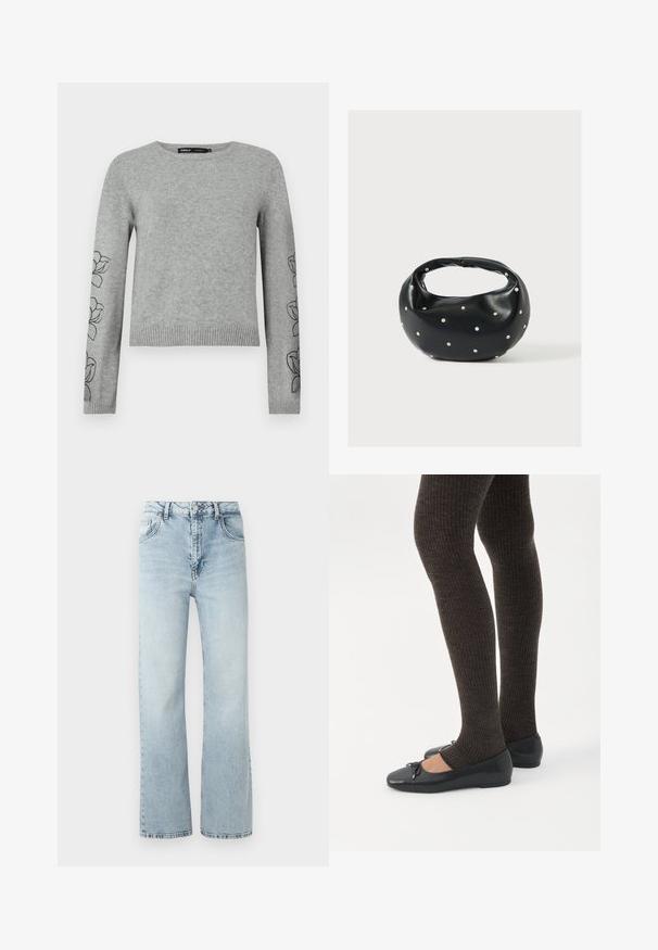 Grau gestrickter Pullover mit langen Ärmeln, geripptem Saum und floraler Stickerei an den Ärmeln. Rundhalsausschnitt und strukturierter Stoff.; Hellblaue Denim-Jeans mit hoher Taille, weit geschnittenem Bein und subtiler Ausbleichung. Verfügt über das klassische Five-Pocket-Design und einen Metallknopfverschluss.; Beine in dunklen, gerippten Leggings kombiniert mit schwarzen Ballerinas mit kleinen Schleifendetails auf weißem Hintergrund.; Schwarze Lederhandtasche mit abgerundeter Form, verziert mit silbernen Nietenakzenten und kurzem Griff. Glatte Struktur und Reißverschlussverschluss.