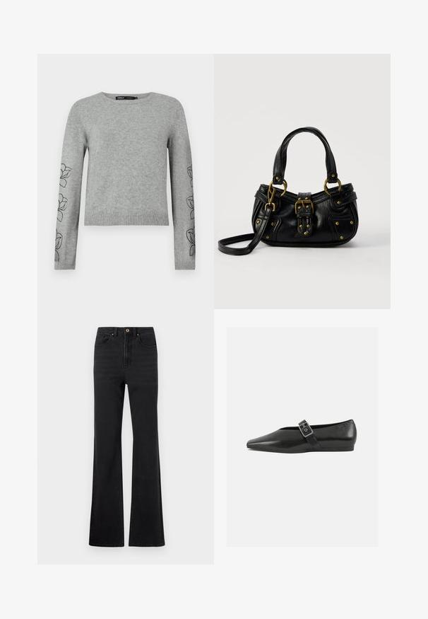 Grå strikket sweater med lange ærmer, ribbet kant og blomsterbroderi på ærmerne. Rund halsudskæring og struktureret materiale.; Sorte højtaljede denim jeans med foran knap, bæltestropper og let udvidede ben mod en hvid baggrund.; Sorte læder flade sko med spidse tæer, prydet med en metallisk spænde over vristen og en lav, fleksibel sål.; Sort læderhåndtaske med guldbælge og nitdetaljer, korte håndtag og en justerbar skulderrem på en ensfarvet hvid baggrund.