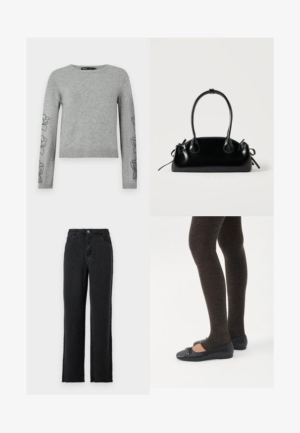 Pull en tricot gris avec manches longues, ourlet côtelé et broderies florales sur les manches. Encolure ronde et matériau texturé.; Jeans larges noirs texturés avec poches avant et fermeture à bouton sur fond uni.; Jambes portant des leggings côtelés foncés associés à des ballerines noires avec de petits détails en nœud sur fond blanc.; Petit sac à main noir brillant avec deux longues anses et des détails à cordon sur les côtés sur un fond clair uni.