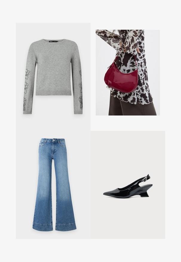 Grijze gebreide trui met lange mouwen, geribbelde zoom en bloemenborduurwerk op de mouwen. Ronde halslijn en textuurstof.; Lichtblauwe denim flared jeans met een hoge taille, wijd uitlopende benen en een lichte vervaging. Heeft een klassiek vijf-pocket ontwerp en een metalen knoopsluiting.; Zwarte lakleren slingback schoen met spitse neus en lage schuine blokhak op een effen lichte achtergrond.; Vrouw met een zwart-wit gebloemde blouse houdt een glanzende rode schoudertas vast tegen een effen achtergrond.
