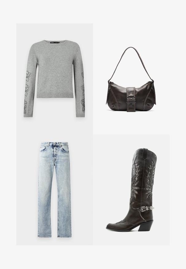 Grå strikket sweater med lange ærmer, ribbet kant og blomsterbroderi på ærmerne. Rund halsudskæring og struktureret materiale.; Lys blå denimjeans med en lige ben-design. Funktioner inkluderer fem lommer, bæltestropper og en frynset kant forneden.; Sort læder cowboystøvle med dekorative udskæringer, sølvspænde og skrå hæl, vist på hvid baggrund.; Brun læder skuldertaske med en buet form, der har et fremtrædende spænde, kontrasterende syninger og en enkelt skulderrem.