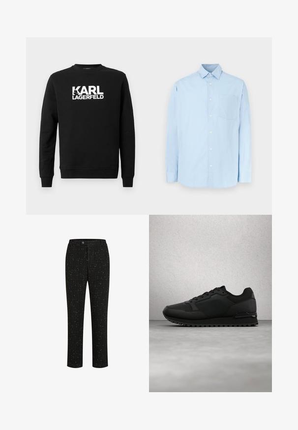 Schwarzer Sweatshirt aus weichem Stoff mit "KARL LAGERFELD" in großen weißen Buchstaben auf der Vorderseite, mit rundem Ausschnitt und langen Ärmeln.; Hellblaues Langarmhemd aus Baumwolle mit Button-Down-Kragen, Brusttasche und Knopfleiste mit weißen Knöpfen.; Schwarze maßgeschneiderte Hose mit einem strukturierten Muster aus dünnen weißen vertikalen Linien, geradem Schnitt und einem Knopfverschluss an der Taille.; Schwarzer BOSS-Sneaker mit strukturiertem Stoff und Lederbesätzen, Schnürsenkel gebunden, schwebt über einem grauen Betonboden in der Nähe von Glasbausteinen.