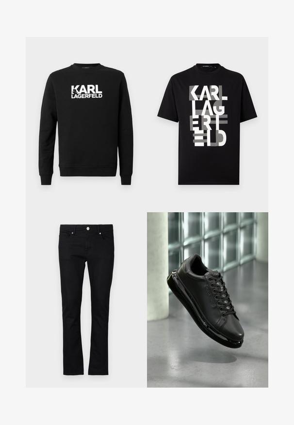 Sudadera negra fabricada con tela suave que presenta "KARL LAGERFELD" en letras blancas grandes en el frente, con cuello redondo y mangas largas.; Camiseta negra de manga corta con un gran texto estilizado en blanco que dice "KARL LAGERFELD" apilado verticalmente en el frente.; Jeans de mezclilla negra con un corte ajustado, diseño de pierna recta, estilo de cinco bolsillos y cierre de botón metálico, con detalles de costura mínimos.; Zapatilla de cuero negra con diseño de cordones, que cuenta con una suela acolchada y acentos reflectantes. El zapato está levitando sobre una superficie lisa.