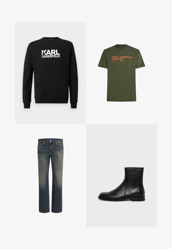 Zwarte sweatshirt van zachte stof met "KARL LAGERFELD" in grote witte letters op de voorkant, met een ronde hals en lange mouwen.; Olijf groene T-shirt met korte mouwen en oranje tekst "KARL LAGERFELD JEANS" en "NEW ECLIPSE 07° 11' 16''" op de borst.; Donkere blauwe denim jeans met een vervaagde gradient, rechte pijpen, vijf-pocket stijl, sluiting met metalen knoop en rits, en contrasterende stiksels.; Zwarte leren enkellaars met lage hak, zijstiksels en klein "HUGO" logo op de bovenste boord tegen een effen achtergrond.