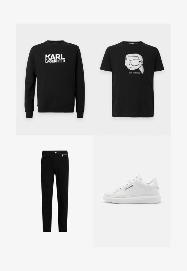 Zwarte sweatshirt van zachte stof met "KARL LAGERFELD" in grote witte letters op de voorkant, met een ronde hals en lange mouwen.; Zwarte katoenen t-shirt met een witte grafiek van een gestileerd personage met grote zonnebrillen, met de tekst "KARL LAGERFELD" onder de afbeelding.; Zwarte denim broek met een rechte snit, voorzien van een knoop- en ritssluiting aan de voorkant, twee zijzakken en een subtiel merklogo op de tailleband.; Witte sneaker van glad leer met een reliëfpatroon. Heeft een ronde neus, vetersluiting aan de voorkant, en een textuurzool. Zilveren logo detail aan de zijkant.
