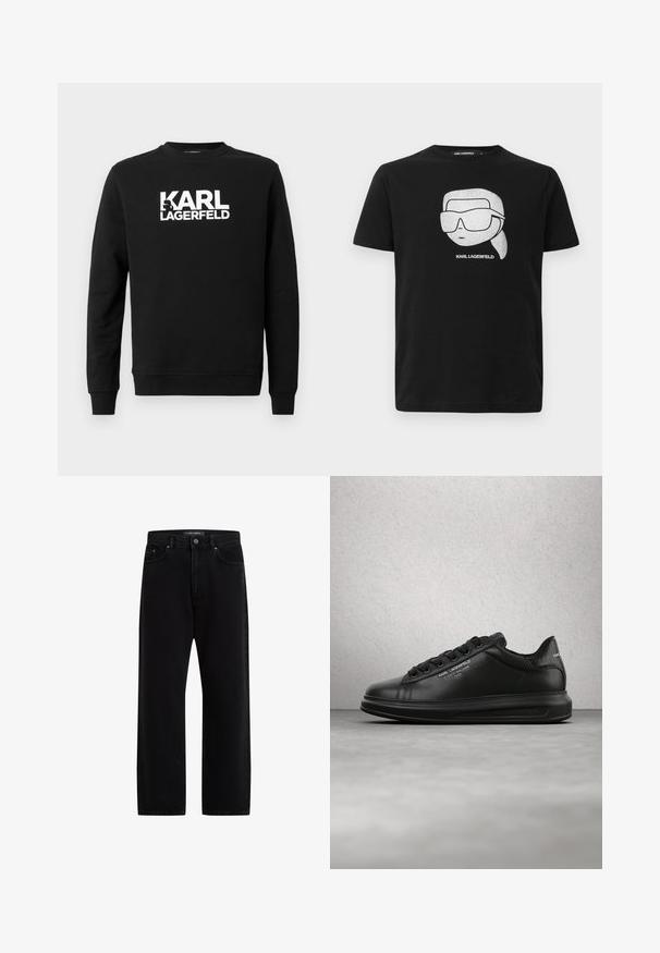 Sudadera negra fabricada con tela suave que presenta "KARL LAGERFELD" en letras blancas grandes en el frente, con cuello redondo y mangas largas.; Camiseta de algodón negra con un gráfico blanco de un personaje estilizado que lleva gafas de sol grandes, con el texto "KARL LAGERFELD" debajo de la imagen.; Pantalones de mezclilla negra con un ajuste holgado, que cuentan con un diseño estándar de cinco bolsillos, cierre de botón y un bordado sutil de la marca.; Persona que lleva zapatillas negras Karl Lagerfeld con pantalones negros, de pie sobre un suelo de parquet de madera contra una pared blanca con paneles.