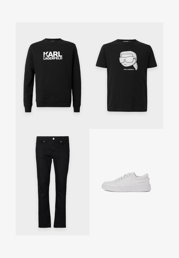 Sudadera negra fabricada con tela suave que presenta "KARL LAGERFELD" en letras blancas grandes en el frente, con cuello redondo y mangas largas.; Camiseta de algodón negra con un gráfico blanco de un personaje estilizado que lleva gafas de sol grandes, con el texto "KARL LAGERFELD" debajo de la imagen.; Jeans de mezclilla negra con un corte ajustado, diseño de pierna recta, estilo de cinco bolsillos y cierre de botón metálico, con detalles de costura mínimos.; Zapatillas de cuero blanco con un diseño clásico de corte bajo, suela plana y un sutil logo de la marca en el talón. Cuenta con cinco ojales metálicos para los cordones.