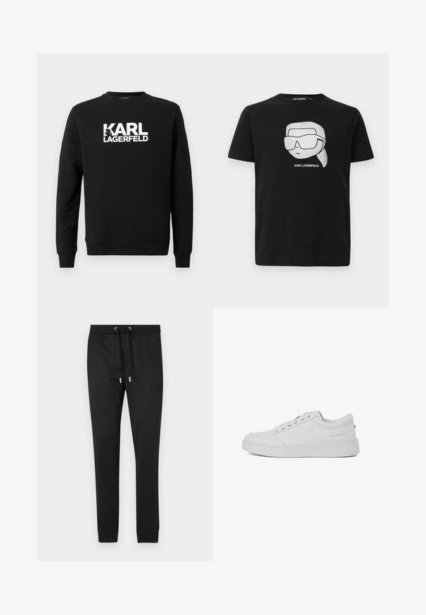 Zwarte sweatshirt van zachte stof met "KARL LAGERFELD" in grote witte letters op de voorkant, met een ronde hals en lange mouwen.; Zwarte katoenen t-shirt met een witte grafiek van een gestileerd personage met grote zonnebrillen, met de tekst "KARL LAGERFELD" onder de afbeelding.; Zwarte joggingsbroek van zacht materiaal, met een elastische tailleband met trekkoorden, zijzakken en aangesloten boorden bij de enkels.; Witte leren sneakers met een klassiek low-top ontwerp, platte zool en subtiele merklogo op de hiel. Voorzien van vijf metalen oogjes voor veters.