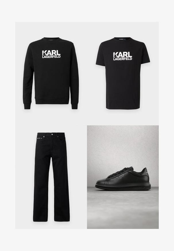 Sudadera negra fabricada con tela suave que presenta "KARL LAGERFELD" en letras blancas grandes en el frente, con cuello redondo y mangas largas.; Camiseta de algodón negra con un atrevido logo en blanco "KARL LAGERFELD" en el frente, cuello redondo y mangas cortas. Textura suave y ajuste clásico.; Jeans de mezclilla negra con un diseño de pierna recta, cinco bolsillos y una etiqueta de logo en la parte delantera, con herrajes metálicos y una textura suave.; Persona que lleva zapatillas negras Karl Lagerfeld con pantalones negros, de pie sobre un suelo de parquet de madera contra una pared blanca con paneles.