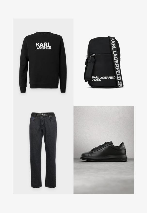 Sudadera negra fabricada con tela suave que presenta "KARL LAGERFELD" en letras blancas grandes en el frente, con cuello redondo y mangas largas.; Jeans de denim negro con un corte recto, que cuentan con una cinturilla de cuero suave, bolsillos frontales y detalles de costura sutiles.; Persona que lleva zapatillas negras Karl Lagerfeld con pantalones negros, de pie sobre un suelo de parquet de madera contra una pared blanca con paneles.; Bolso cruzado de tela negra con forma rectangular, que cuenta con un bolsillo frontal con cremallera y una bandolera con logo en blanco en contraste.
