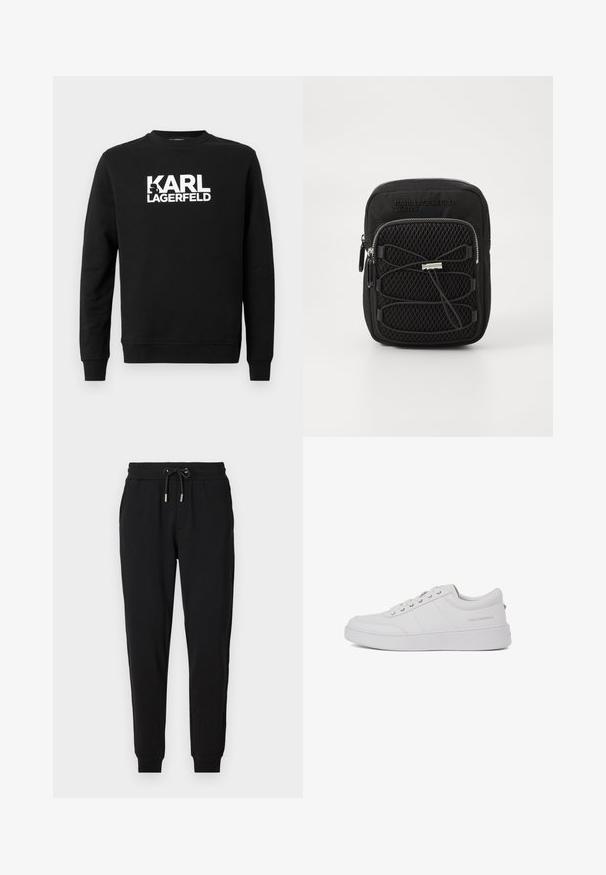 Zwarte sweatshirt van zachte stof met "KARL LAGERFELD" in grote witte letters op de voorkant, met een ronde hals en lange mouwen.; Zwarte joggingsbroek met een elastische tailleband, verstelbare koord, zijzakken en tapered pijpen. Gemaakt van zachte, rekbare stof.; Witte leren sneakers met een klassiek low-top ontwerp, platte zool en subtiele merklogo op de hiel. Voorzien van vijf metalen oogjes voor veters.; Zwarte crossbodytas met een textuur van gaas aan de voorkant, ritssluiting en een verstelbaar bungee koordontwerp. Gemaakt van duurzaam materiaal.