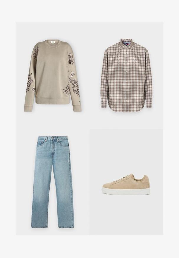 Beige langærmet sweatshirt med ribbet krave og manchetter, med mørkebrune og hvide broderede blomster på ærmer og skuldre.; Brun- og hvidternet skjorte med knapper, krave, lange ærmer og knapper foran; har en lille logo på venstre bryst.; Lyseblå denimjeans med lige ben, fem lomme-design og knaplukning i taljen.; Beige ruskindslav-topsneaker med snørelukning og hvid gummisål på en lysegrå baggrund.