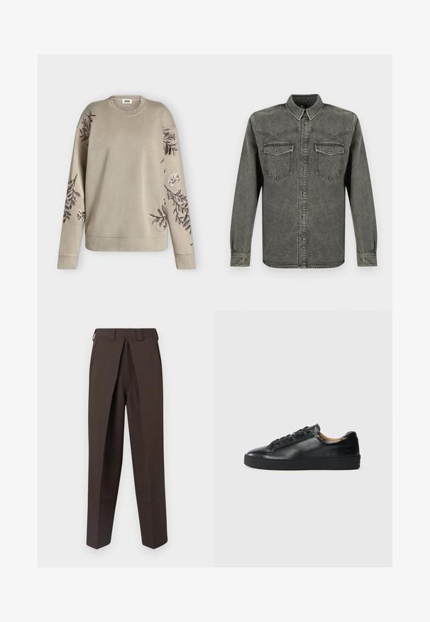 Sudadera beige de manga larga con cuello y puños acanalados, con motivos florales bordados en marrón oscuro y blanco en las mangas y los hombros.; Camisa de mezclilla negra lavada de manga larga con botones al frente y bolsillos con solapa en el pecho, mostrada sobre un fondo blanco.; BLUEMARBLE WORK PANT - Pantalones - brown; Zapatilla negra de cuero con una textura suave, puntera redonda y cierre de cordones. Presenta una suela de goma gruesa y un detalle de marca mínimo.