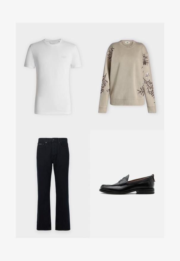 Sweat-shirt beige à manches longues avec col et poignets côtelés, orné de motifs floraux brodés en marron foncé et blanc sur les manches et les épaules.; T-shirt blanc à manches courtes et col rond avec petit logo GUESS embossé sur le côté gauche de la poitrine, présenté sur un fond clair uni.; Jean en denim noir avec coupe droite, fermeture par bouton et deux poches avant. Le tissu a une texture lisse avec peu de détails.; Mocassin homme en cuir noir avec couture moc toe, bride penny, col texturé et petit talon empilé sur fond blanc.