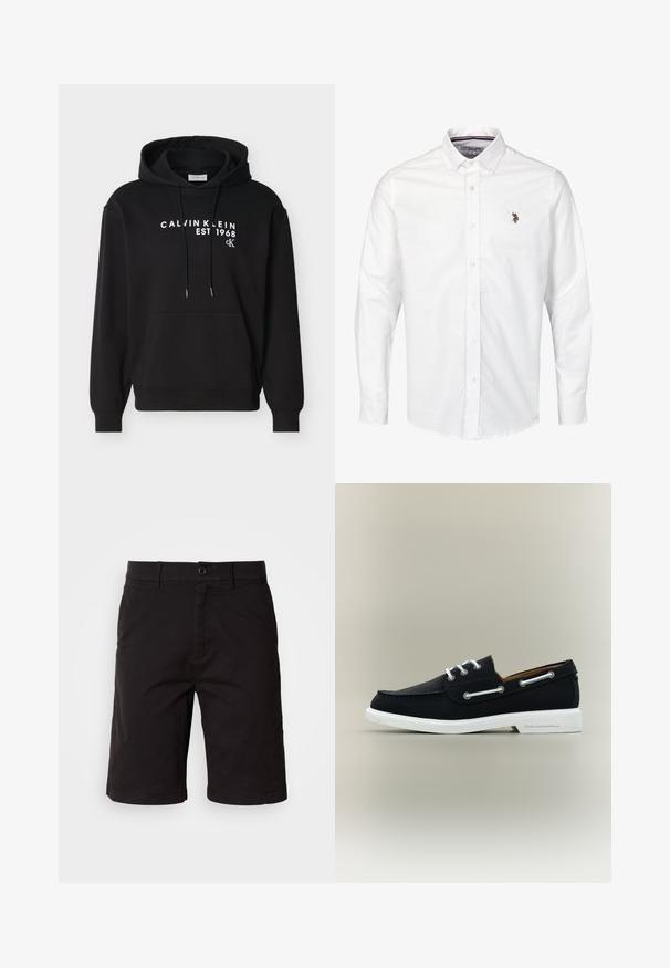 Musta huppari, jossa etutasku, kiristysnarut ja valkoinen "CALVIN KLEIN EST 1968 cK" -teksti painettuna rintakehän kohdalle.; Valkoinen nappikauluspaita, joka on valmistettu sileästä puuvillakankaasta. Paidassa on pitkät hihat, klassinen kaulus ja pieni brodeerattu logo rinnassa.; Mustat shortsit, jotka on valmistettu kevyestä kankaasta. Niissä on nappisulku, vyölenkit, sivutaskut ja suora leikkaus, jossa on käännetyt helmat.; Musta nahkainen purjehduskengän mallinen kenkä, jossa valkoiset nauhat ja pohja, sivussa rei'itetyt nauhoitusaukot ja pohjan kantapään kohdalla painettu "Karl Lagerfeld" -teksti.
