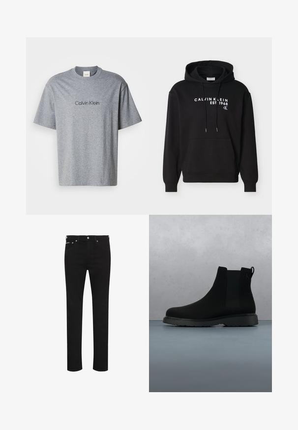 Sudadera negra con capucha, bolsillo frontal, cordones ajustables y texto blanco "CALVIN KLEIN EST 1968 cK" impreso en el pecho.; Camiseta de algodón gris con mangas cortas, cuello redondo y un logotipo impreso de "Calvin Klein" en un tono más oscuro en el pecho.; Vaqueros negros ajustados con botón delantero, trabillas para el cinturón y bolsillos delanteros visibles, mostrados sobre un fondo blanco.; Botín negro de tobillo, hecho de material suave con costuras sutiles, suela de goma y un diseño elegante, posicionado sobre una superficie con textura de madera.