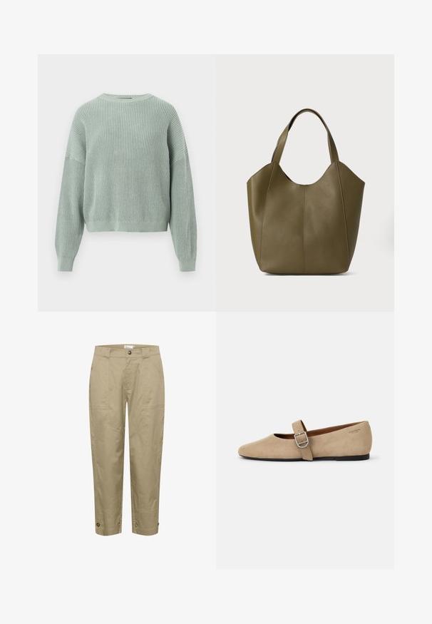 Lysegrøn strikket sweater med rund hals, lange ærmer og ribbet struktur. Har et cropped design og afslappet pasform.; Beige, lette bukser med lige pasform, der har sidelommer og knapdetaljer i kanten for justerbar pasform og stil.; Beige ruskind Mary Jane flade sko med spids tå og et enkelt justerbart strop med en sølv spænde. Sort flad sål.; Oliven grøn læder tote taske med dobbelte håndtag, glat tekstur og fire panel design. Forstærket syning langs sømmene for holdbarhed.
