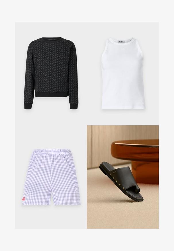 Sweat-shirt noir présentant un motif texturé de lettres entrelacées, col rond, manches longues, poignets et ourlet côtelés.; Débardeur blanc à côtes avec un col rond, sans manches et un petit logo sur le devant. Texture lisse et silhouette cintrée.; Short à carreaux violet et blanc avec taille élastique et petit texte rouge brodé sur la partie inférieure gauche de la jambe.; Sandale slide en cuir noir avec boucle pour l'orteil et clous dorés, posée sur un tapis beige près d'une table ronde de couleur ambre.