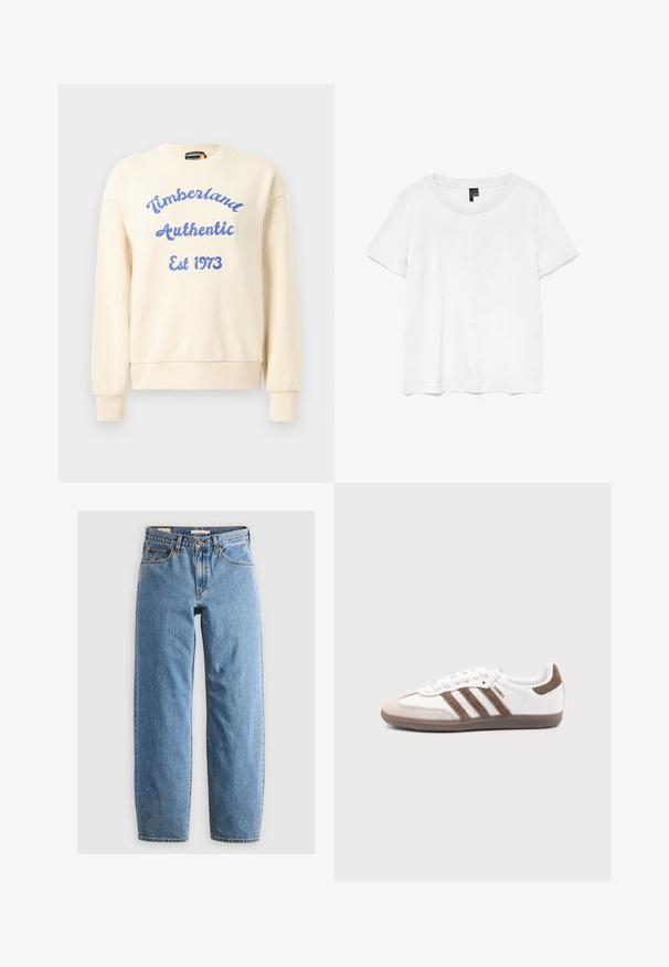 Κρέμα φούτερ με μπλε κείμενο "Timberland Authentic Est 1973". Διαθέτει στρογγυλή λαιμόκοψη και ριμπ μανσέτες. Μαλακή υφή υφάσματος, casual σχέδιο.; Λευκό κοντομάνικο μπλουζάκι με στρογγυλή λαιμόκοψη, κατασκευασμένο από ελαφρύ ύφασμα. Απλός σχεδιασμός, λεία υφή και ίσια τελείωμα.; Ανοιχτό μπλε τζιν παντελόνι με ίσια γραμμή, πέντε τσέπες, φερμουάρ και διακριτική ξεθωριασμένη υφή. Κλασικό στυλ με ελάχιστα αξεσουάρ.; Λευκό αθλητικό παπούτσι Adidas Samba με καφέ σουέντ ρίγες, καφέ λαστιχένια σόλα και μπεζ καπάκι δακτύλου από σουέντ, εμφανιζόμενο από την εξωτερική πλευρά σε απλό φόντο.