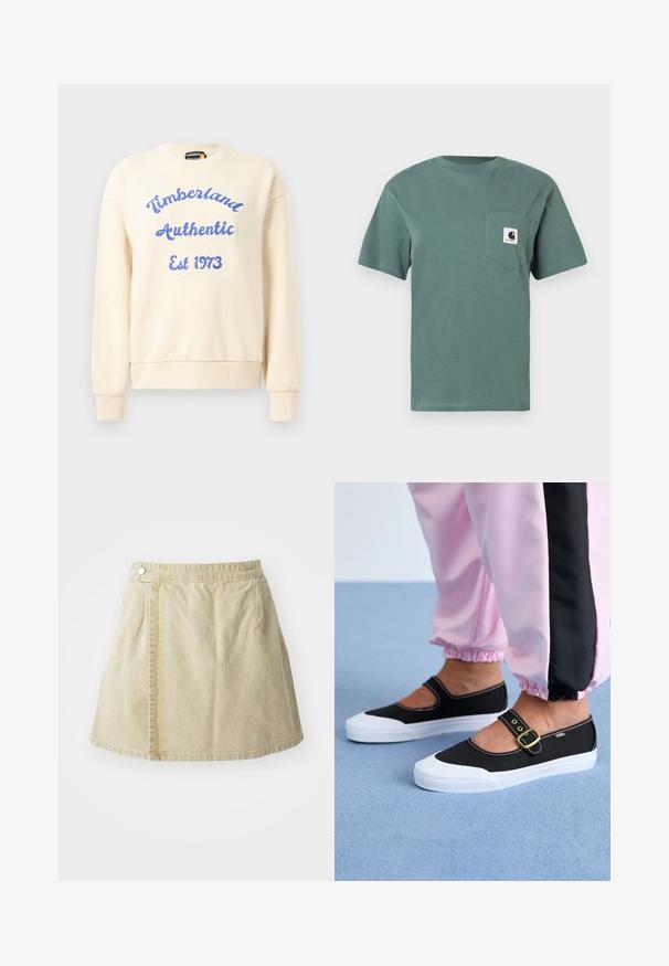 Cremefarbener Sweatshirt mit blauer Aufschrift "Timberland Authentic Est 1973". Besitzt einen runden Halsausschnitt und gerippte Bündchen. Weiches Stoffgefühl, lässiges Design.; Grünes, kurzärmliches T-Shirt aus Baumwolle mit einer Tasche auf der linken Brust, die mit einem Logo-Patch versehen ist. Einfaches, klassisches Design ohne Muster.; Khakifarbener Minirock aus weichem Stoff, mit seitlichem Knopfverschluss, glatter Textur und leicht ausgestellter Silhouette mit einem Saum oberhalb des Knies.; Schwarze Leinenschuhe mit einer weißen Sohle, die ein Ausschnittdesign und einen goldenen Schnallenriegel aufweisen. Getragen mit rosa Sporthosen.
