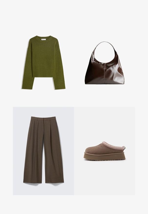Pull en maille vert olive avec col rond, manches longues et ourlet côtelé. Présente un design court avec une finition douce et texturée.; Pantalon large brun à fines rayures avec passants de ceinture et plis devant, présenté à plat sur un fond gris clair.; Chaussure marron à enfiler avec une semelle épaisse, une bordure à motifs roses et blancs autour de l'ouverture, et le logo UGG sur le côté.; Sac hobo en cuir brun avec un sommet arrondi, texture lisse et détails de couture subtils. La bandoulière est large et courbée pour le confort.