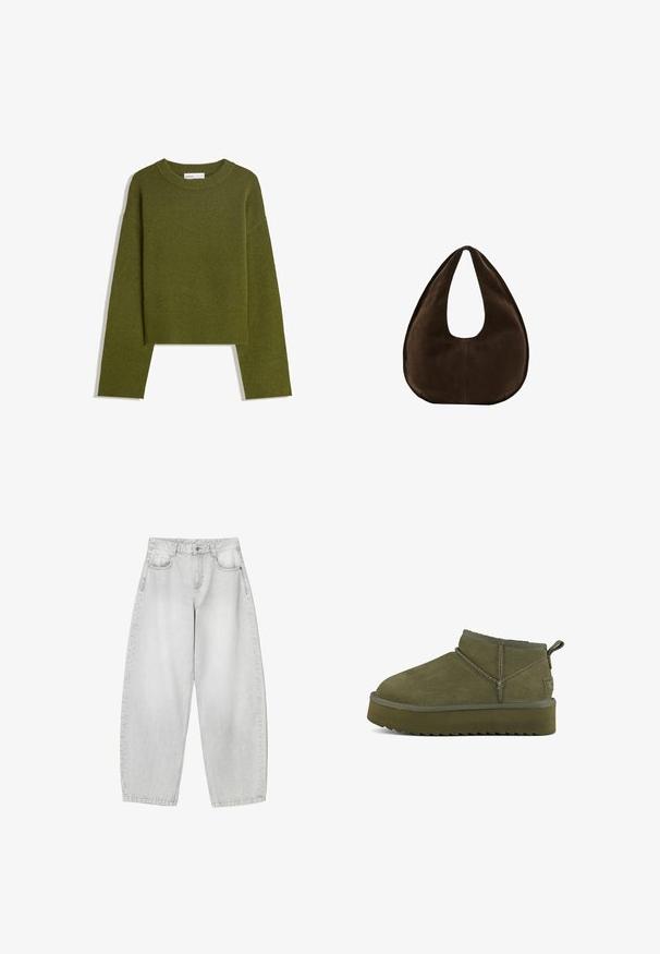 Olivenfarvet strikket sweater med rund hals, lange ærmer og ribbet kant. Har et cropped design med en blød, struktureret overflade.; Lysegrå vide jeans lavet af denim, med frontlommer, en knaplukning i taljen og en let falmet finish.; Grønne suede ankelstøvler med afrundet tå, stiklinger og en tekstureret sål. Har en træksløjfe bagpå for nem påtagning.; Mørkebrun ruskind skuldertaske formet som en halvmåne med en bred rem og glat tekstur på en hvid baggrund.