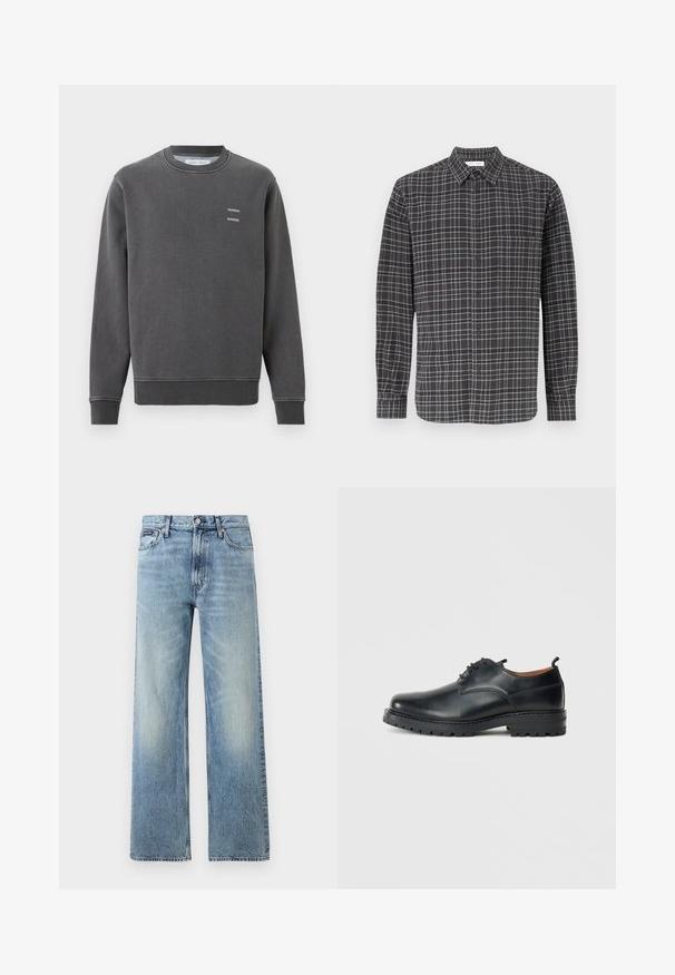 Sweat-shirt gris foncé à col rond avec poignets et ourlet côtelés, présentant un petit texte blanc "SAMSOE SAMSOE" sur la poitrine gauche.; Chemise à carreaux noire et grise à boutons, à manches longues, avec une poche poitrine, un col classique et une texture de tissu léger.; Jean droit en denim bleu clair avec taille haute, cinq poches, fermeture à boutons et léger délavage sur les cuisses et les genoux.; Chaussures derby en cuir noir avec une texture lisse, bout rond, design à lacets et une semelle en caoutchouc épaisse et robuste.