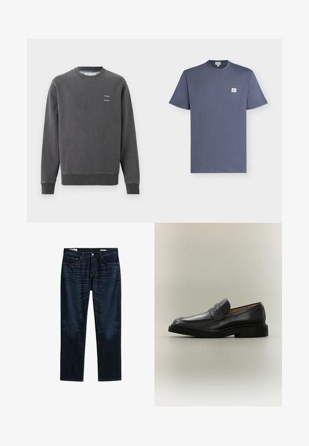 Sweat-shirt gris foncé à col rond avec poignets et ourlet côtelés, présentant un petit texte blanc "SAMSOE SAMSOE" sur la poitrine gauche.; T-shirt bleu à manches courtes avec col rond, avec un petit patch logo carré blanc comportant les lettres rouges "cK" sur la poitrine gauche.; Jean bleu foncé à jambes droites avec poches avant et arrière, fermeture par boutons et détails de whiskering subtils sur les cuisses.; Mocassin homme en cuir noir avec un petit talon et une bride sur le dessus, montré de profil sur un fond neutre.