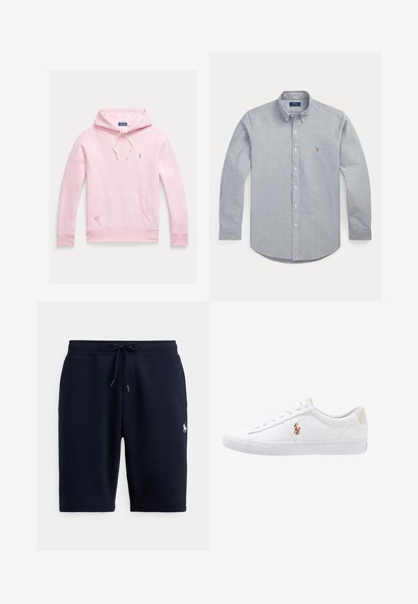 Svetloružová mikina s predným vreckom, kapucňou so šnúrkami a malým modrým logom Polo Ralph Lauren na ľavej strane hrude.; Svetlomodrá košeľa zapínaná na gombíky z mäkkej látky; má špicatý golier, dlhé rukávy a malú vyšívanú logo na hrudi.; Tmavomodré atletické šortky z bavlny s elastickým pásom, sťahovacou šnúrkou a logom na ľavej strane. Hladká textúra, dĺžka po kolená.; Biele plátenné tenisky s nízkym strihom, ktoré majú béžový opasok na päte a malé vyšívané logo na boku. Gumová podrážka.