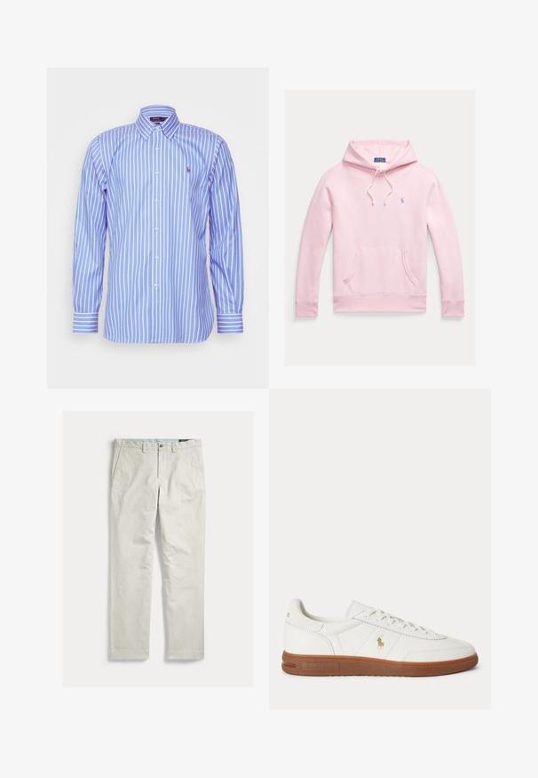 Lichtroze hoodie met voorzak, trekkoord aan de capuchon en klein blauw Polo Ralph Lauren-logo op de linkerborst.; Polo Ralph Lauren CUSTOM FIT STRIPED PINPOINT OXFORD SHIRT - Overhemd - blue/white; Lichtbeige rechte broek met voorzakken, riemlussen en een knoopsluiting, plat neergelegd op een witte achtergrond.; Witte lage sneaker met bruine zool, veters aan de voorkant en klein gouden Polo Ralph Lauren-logo aan de zijkant.