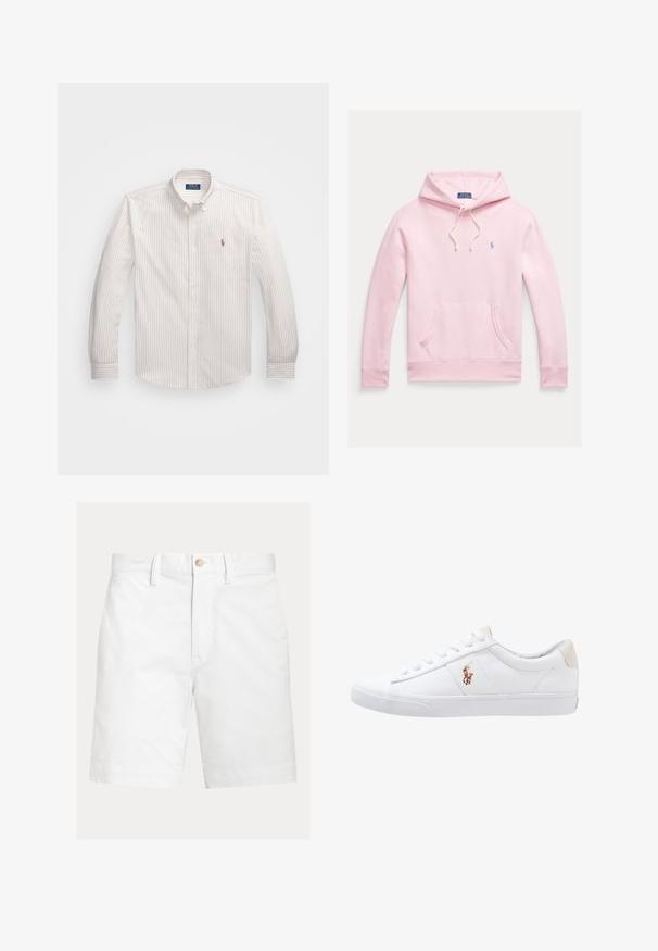 Svetloružová mikina s predným vreckom, kapucňou so šnúrkami a malým modrým logom Polo Ralph Lauren na ľavej strane hrude.; Biela košeľa na gombíky s tenkými vertikálnymi pruhmi v svetlej béžovej farbe. Má klasický golier, dlhé rukávy a malé vyšívané logo na hrudi.; Biele šortky po kolená s pútkami na opasok a hnedým gombíkom na zapínanie v páse, zobrazené na jednoduchom pozadí.; Biele plátenné tenisky s nízkym strihom, ktoré majú béžový opasok na päte a malé vyšívané logo na boku. Gumová podrážka.