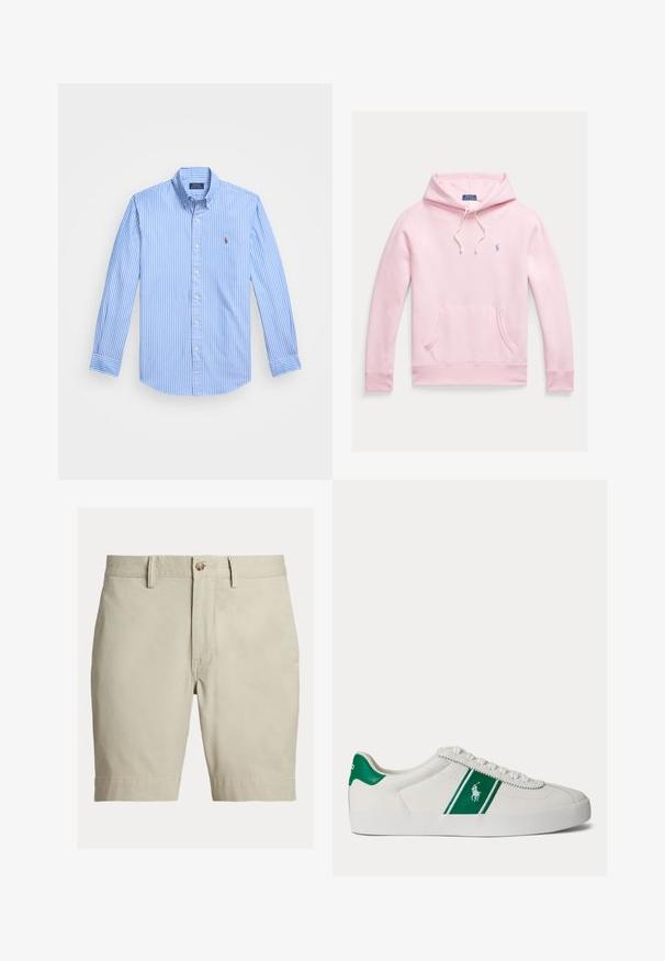 Svetloružová mikina s predným vreckom, kapucňou so šnúrkami a malým modrým logom Polo Ralph Lauren na ľavej strane hrude.; Modrá a biela pruhovaná košeľa s dlhými rukávmi a gombíkmi s ostrým golierom a logom na hrudi. Bavlnená tkanina s hladkou textúrou.; Béžové šortky po kolená s pútkami na opasok, zapínaním na gombík a zipsom, zobrazené na bielom pozadí.; Biele nízke tenisky s zeleným pruhom a logom Polo na boku, zelený jazyk na päte a biele šnúrky, zobrazené z ľavej strany na jednoduchom pozadí.