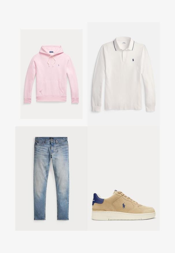 Lyserød hættetrøje med forlommer, snøre på hætten og lille blå Polo Ralph Lauren-logo på venstre bryst.; Hvid langærmet poloshirt med sort kant på kraven og lille sort broderet logo på venstre bryst.; Lys blå denimjeans med en falmet finish, fem-lomme design og kontraststing. Har lynlås og bæltesløjfer. Lige pasform.; Beige ruskind sneaker med navy blå hælflap og logo, hvid sål, snørelukning og broderi af en polo-spiller på siden.