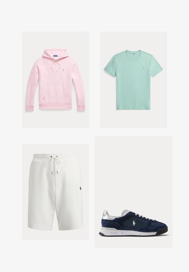 Lyserød hættetrøje med forlommer, snøre på hætten og lille blå Polo Ralph Lauren-logo på venstre bryst.; Lys mintgrøn kortærmet t-shirt i blød bomuld, med rund halsudskæring og lille logo i samme farve på brystet.; Hvide bomuldsshorts med elastisk taljebånd, snørelukning, sidelommer og en lille sort logo på nederste venstre side.; Herre Polo sneaker i navyblå og hvid med ruskind og mesh paneler, hvide snørebånd og Polo-logo på siden og hælen.