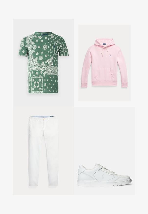 Svetloružová mikina s predným vreckom, kapucňou so šnúrkami a malým modrým logom Polo Ralph Lauren na ľavej strane hrude.; Zelené bavlnené tričko s detailnými bielymi paisley a kvetinovými vzormi, okrúhlym výstrihom a krátkymi rukávmi.; Biele bavlnené chino nohavice s úzkym strihom, so zlatým jedným gombíkom na zapínanie a svetlomodrým vnútorným pásom. Hladká textúra bez vzorov.; Biele kožené tenisky s hladkým povrchom, obsahujúce perforovanú špičku, šnúrkové uzatvorenie a vyšívané logo na boku. Biela gumová podrážka.