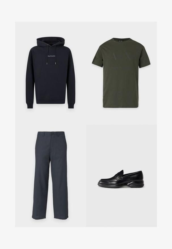 Sweat à capuche noir avec cordons et petit logo blanc "The Kooples" centré sur la poitrine, présenté sur un fond uni.; T-shirt vert foncé à manches courtes et col rond avec un logo noir subtil Armani Exchange sur le devant.; Pantalon bleu marine en tissu lisse, présentant une coupe droite, deux poches avant et une fermeture par un seul bouton.; Mocassins en cuir noir avec une semelle en caoutchouc texturée et basse, et un design cousu sur le dessus. Présente une pointe arrondie et des embellissements minimaux.
