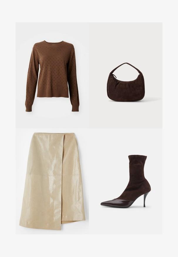 Bruine trui met lange mouwen, bedekt met kleine zwarte en zilveren studs die gelijkmatig over de voorkant en de mouwen verdeeld zijn.; Beige nepleer rok met een glanzend, gestructureerd slangenhuidpatroon; beschikt over een wikkelontwerp en een zijsplit voor extra detail.; Bruine suède enkellaars met een puntige neus en glanzend bordeauxrood paten leren neuskap, met een slanke stilettohak en een textuur op de bovenkant.; Donkerbruine suède handtas met een korte riem en afgeronde rechthoekige vorm op een effen lichte achtergrond.