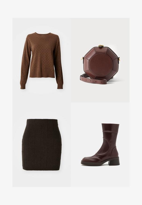 Brun langærmet sweater med små sorte og sølvfarvede nitter, der er jævnt fordelt over forsiden og ærmerne.; Strikket mørkebrun miniskørt med et tekstureret, vævet mønster og en tætsiddende talje. Bunden er ribbet for ekstra detaljer.; MIISTA MALENE - Støvletter - brown; Brun ottekantet læder crossbody-taske med rundt centralt panel, guldfarvet lås og justerbar rem, sat mod en enkel baggrund.