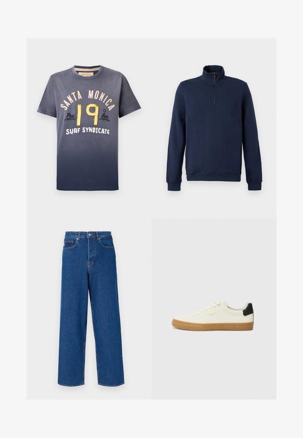 Tumesinine piklike varrukatega pullover, millel on kõrge krae ja esiküljel neljandiku pikkune lukk.; Tumed sinine puuvillane T-särk, millel on gradient-efekt, esitades "SANTA MONICA" ja "19" kollase ja kreemja tikandiga, ümar kaelus, lühikesed varrukad.; Laiad sinised teksad, mis on valmistatud denimist, kõrge vöökohaga, viie tasku disainiga ning kontrastõmblustega õmbluste ja taskute ääres.; Valge kanva sneaker, millel on kummi tald, musta kanna aktsent, ümmargune nina ja nööriga disain. Külgedel on brändi logo kuldsetes varjundites.