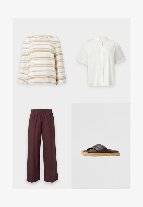 Pull à rayures crème et beige, avec un col rond et des manches larges. Texture en tricot avec des motifs alternant entre plein et ajouré.; Chemise blanche à manches courtes avec boutons et col, présentée à plat sur un fond blanc uni.; Pantalon bordeaux à jambes larges en tissu léger, doté d'une ceinture élastique et de coutures nettes et simples sans motifs supplémentaires.; Sandales à enfiler en cuir marron avec un design de bride croisée texturée, dotées d'une semelle en caoutchouc marron clair et d'un motif de bande de roulement diagonal.