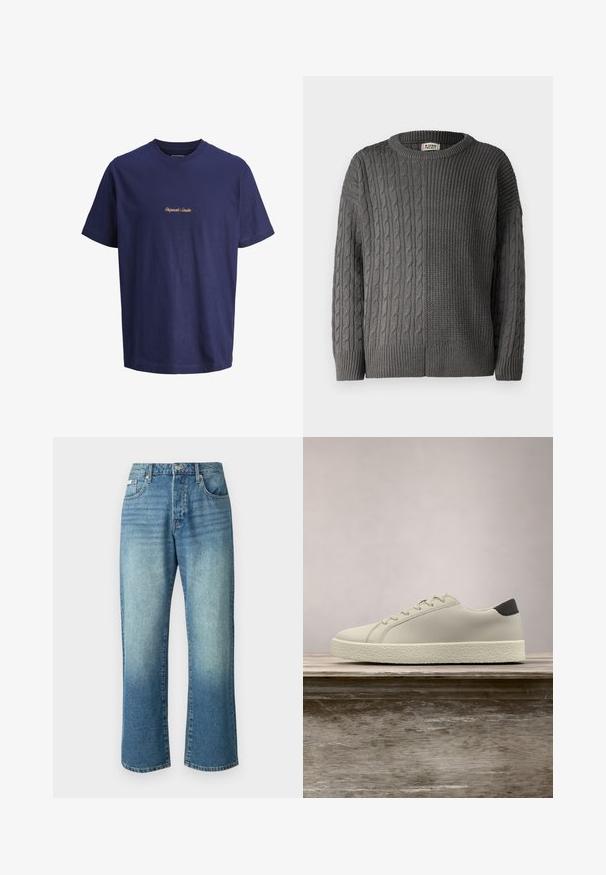 Denim Project DPMDPKNITTED COMBINED SWEATSHIRT - Neule - grey; Laivastonsininen puuvillainen t-paita, jossa on lyhyet hihat, pyöreä pääntie ja oranssilla brodeerattu teksti "Originals Studio" etupuolen keskellä.; Vaaleansinisten farkkuhousujen suora lahje, viisi taskua, etumuksen nappisuljenta ja hienovarainen haalistuminen kankaan pinnalla.; Valkoinen tennari, jossa on kuvioitu pohja ja musta kantakiinnitys, kelluu puisella penkillä, jonka taustalla on korkeaa vihreää ruohoa.