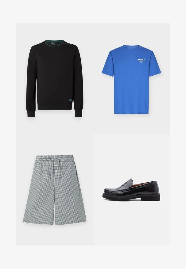 Pull noir à col rond, manches longues, avec un accent vert au niveau du col. Présente un petit logo "PS" bleu en bas à gauche. Texture lisse.; T-shirt bleu à manches courtes et col rond avec petit logo blanc "HUGO" et texte sur la partie supérieure gauche de la poitrine.; Shorts à motif vichy noir et blanc, fabriqués en tissu léger. Présentent une taille élastique et des détails en boutons à l'avant.; Mocassin penny en cuir noir avec semelle en caoutchouc épaisse et couture moc toe, montré de profil sur un fond blanc.